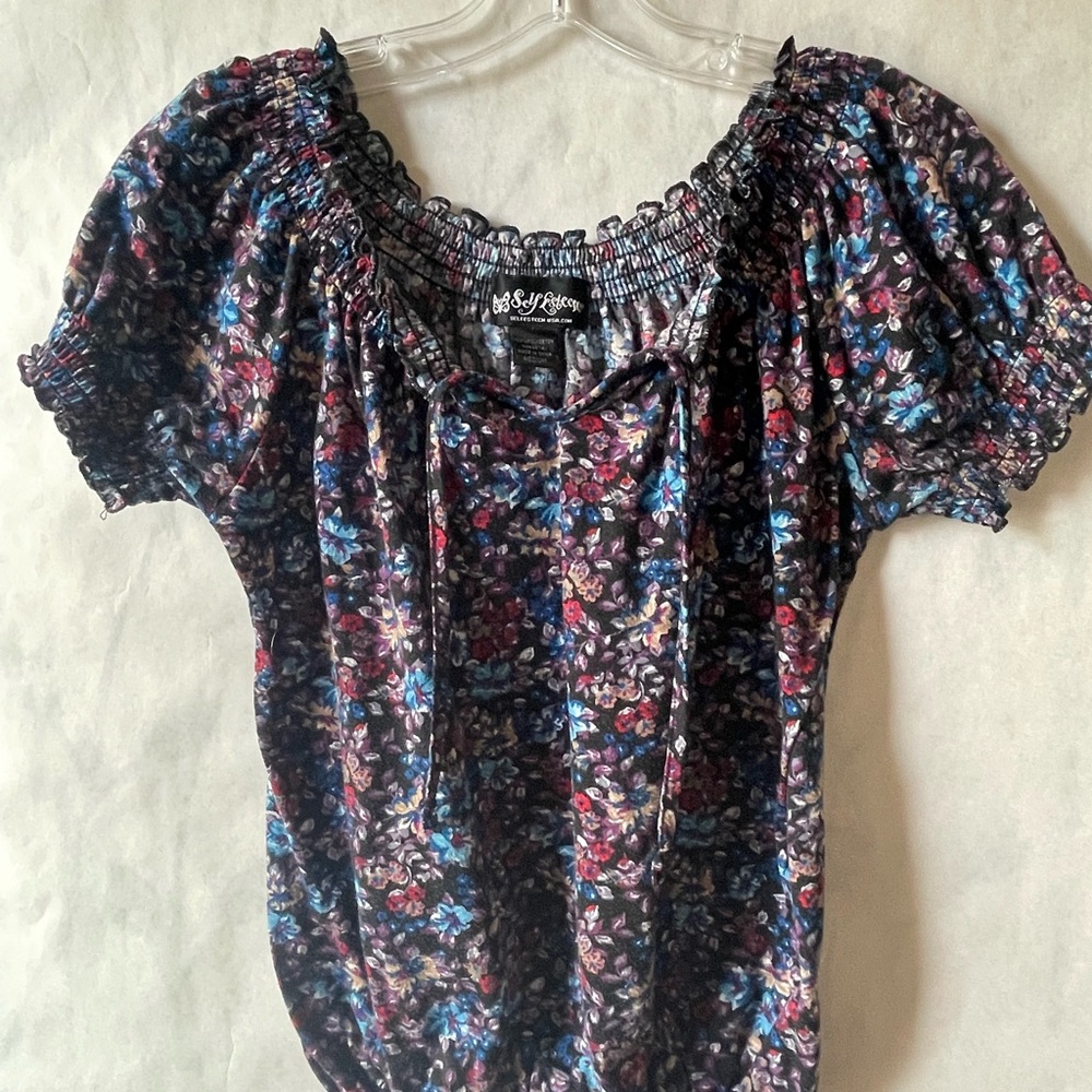 Self Esteem Floral Blue Smocked Puff Sleeve Blouse